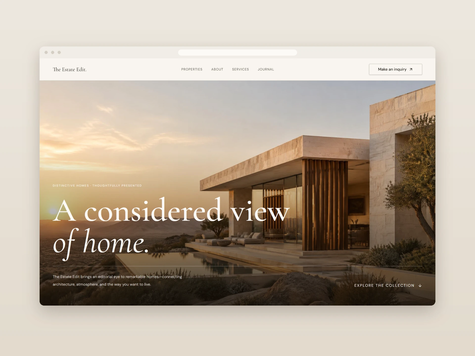 The Estate Edit homepage with a considered view of a modern home