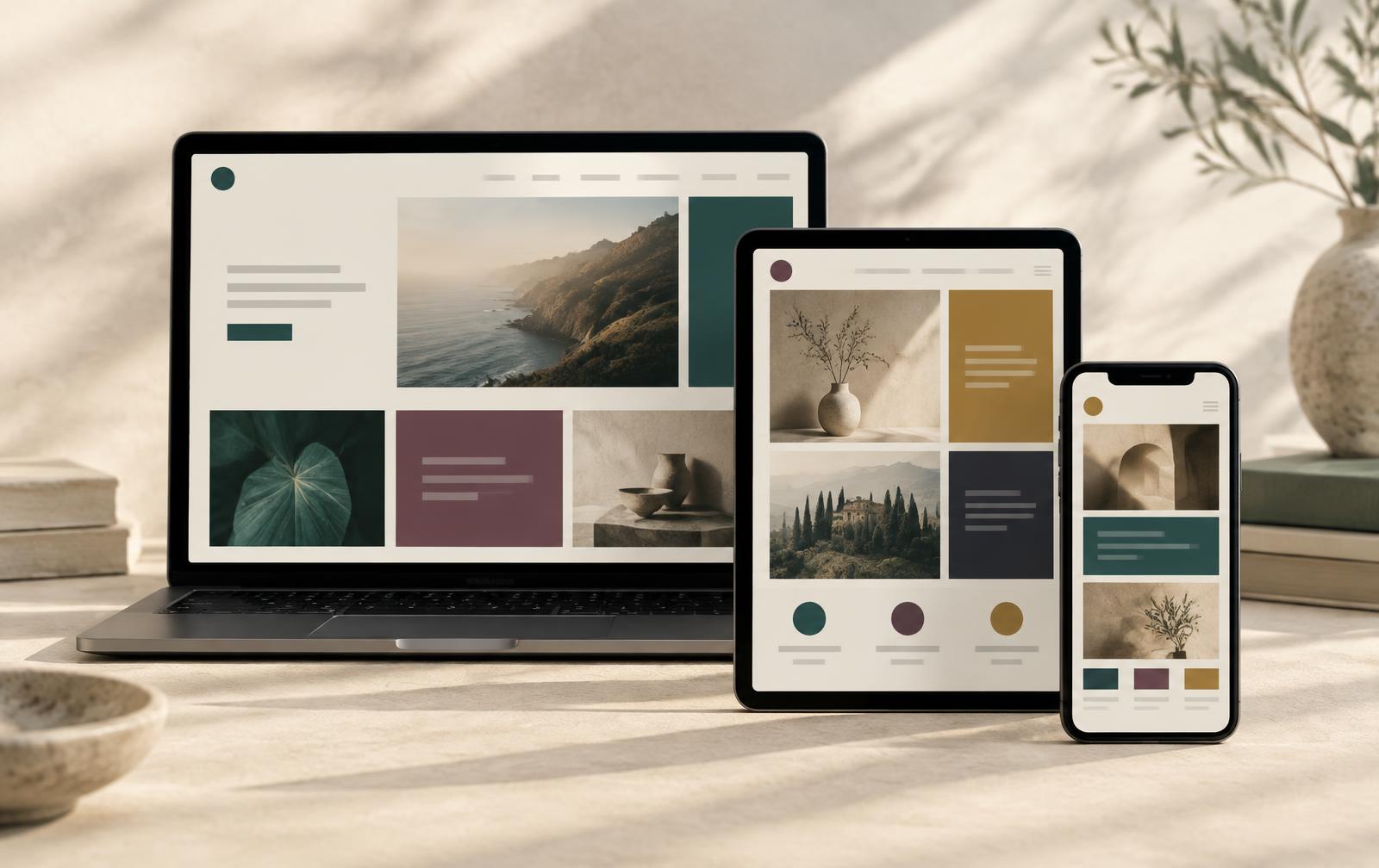 A laptop, tablet and phone resting on a warm cream surface, each showing a different website layout with muted teal, ochre and plum accents.