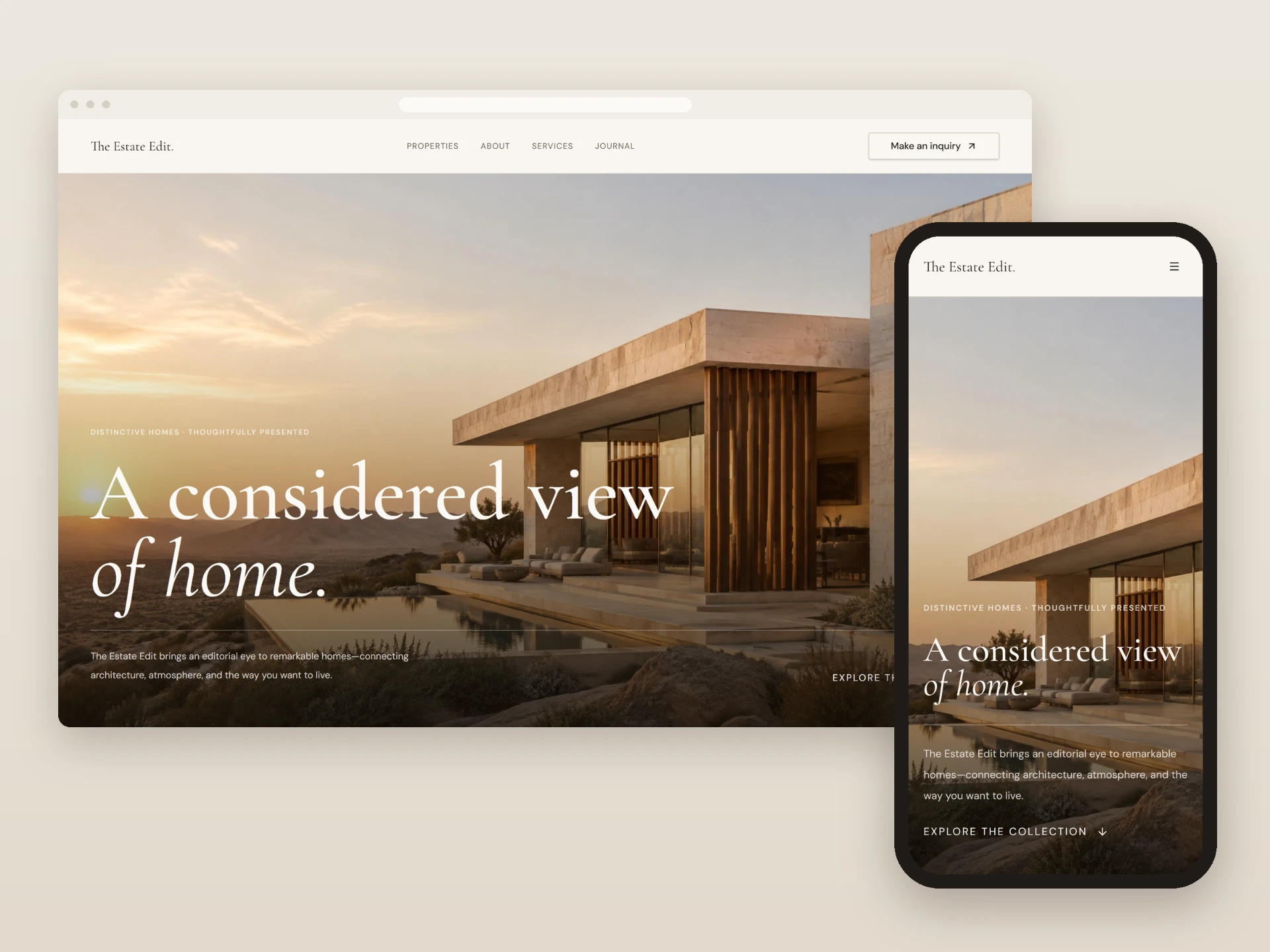 The Estate Edit website shown on desktop and mobile