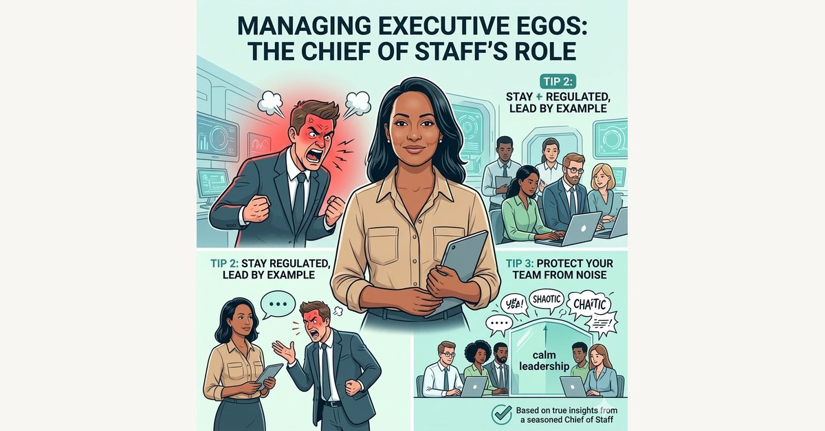 Illustration of a calm Chief of Staff standing between an angry executive and a team, with tips on managing executive egos