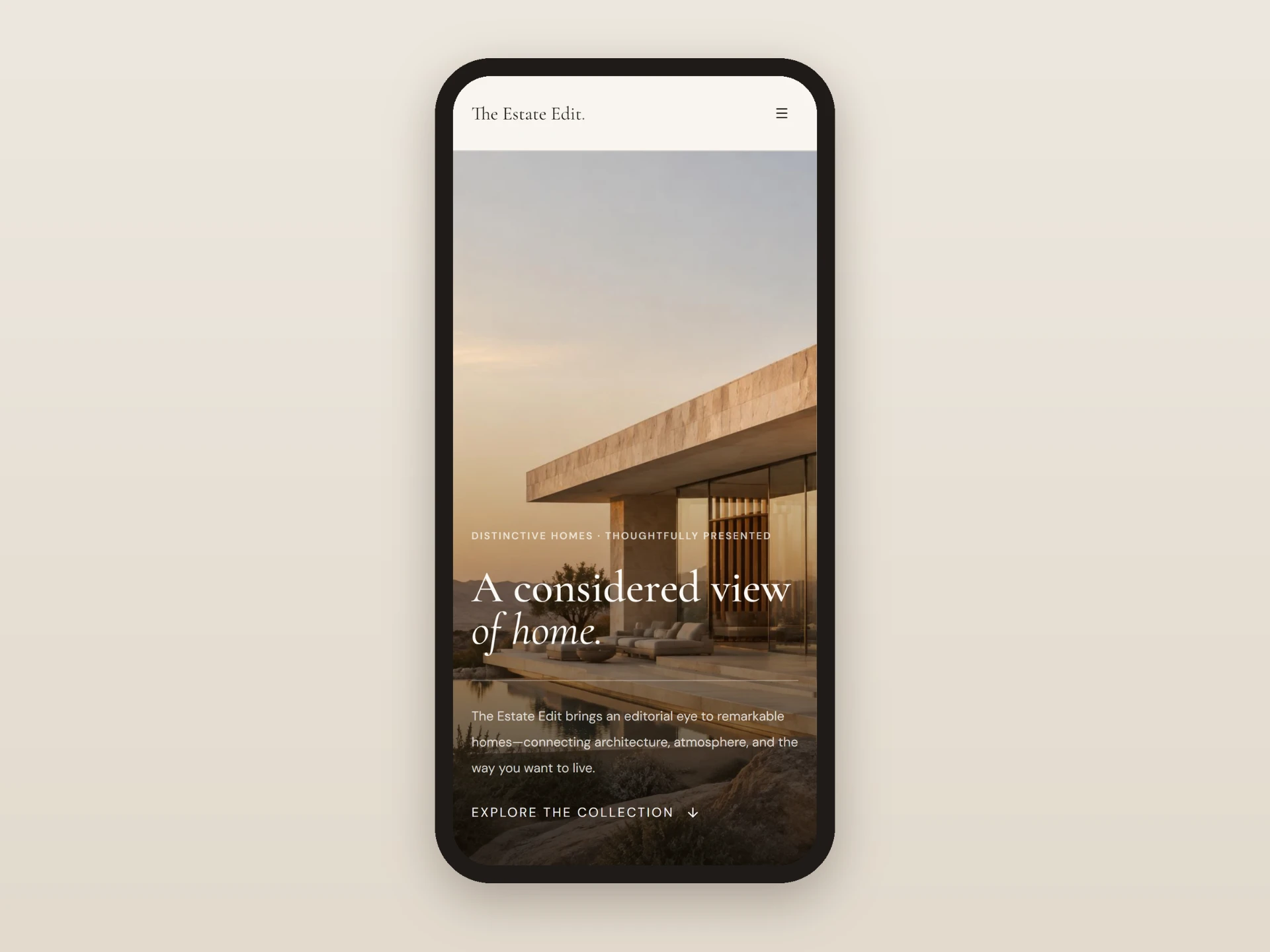 The Estate Edit homepage displayed on a phone