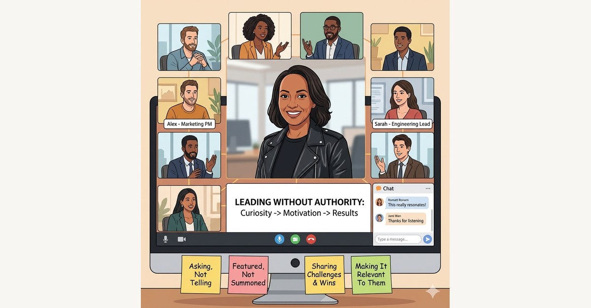 Illustration of a leader on a video call with a team, with the words Leading Without Authority, Curiosity, Motivation, Results