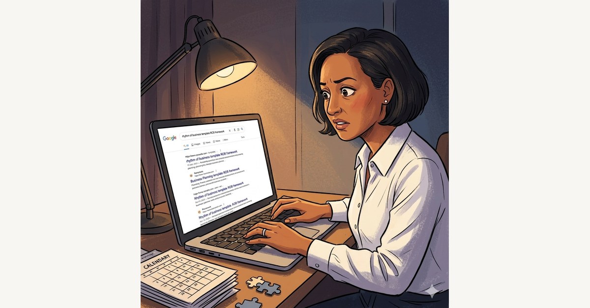 Illustration of a woman at a laptop late at night searching for rhythm of business templates