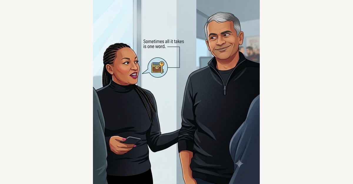 Illustration of Genise and an executive sharing a knowing look, with the caption Sometimes all it takes is one word