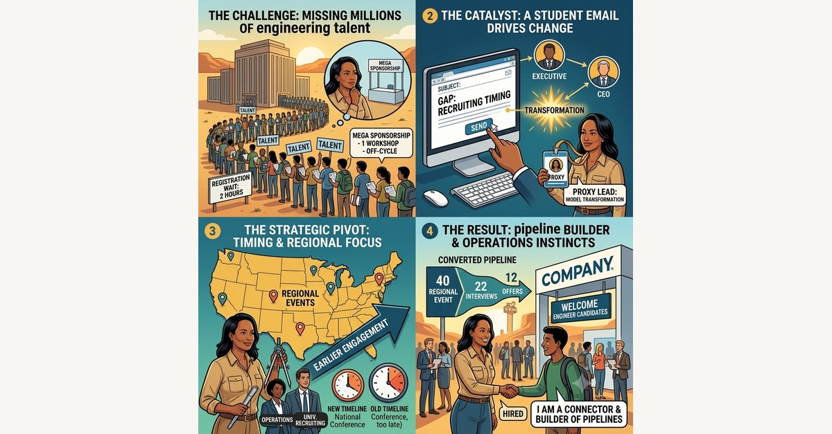 Four-panel illustration of a recruiting conference challenge, a student email, a regional strategy pivot, and the result