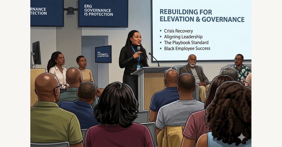 Illustration of Genise speaking at a podium in front of a slide titled Rebuilding for Elevation and Governance
