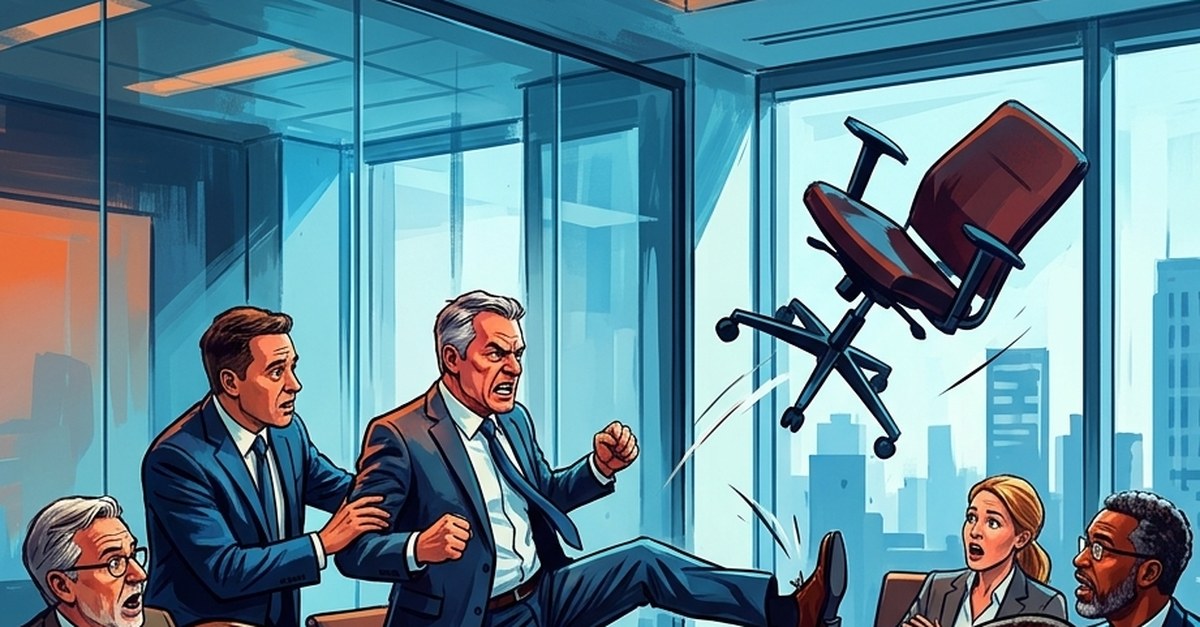 Illustration of a tense senior leadership meeting with a chair flying across the conference room