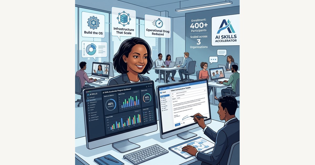 A team working at computers with an AI Skills Accelerator program dashboard, with enrollment of 400 plus participants across 3 organizations