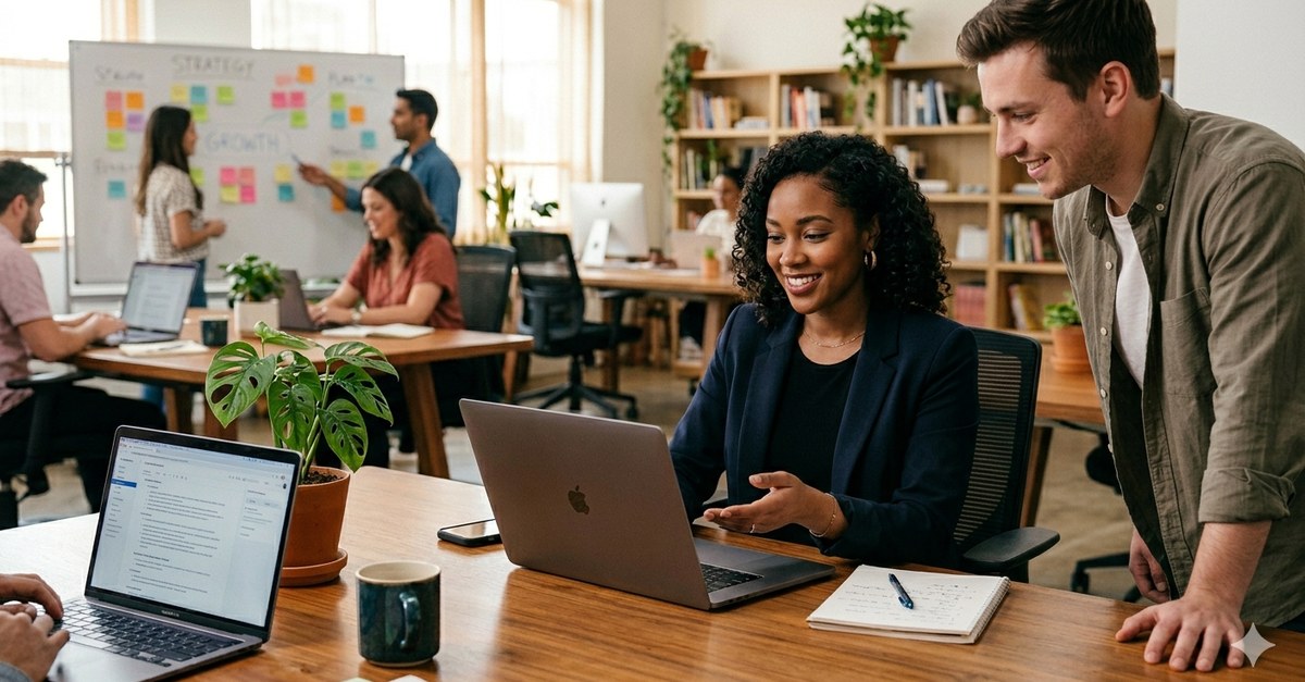 A woman at a desk in a bright open office, smiling as she shows something on her laptop to a colleague standing beside her
