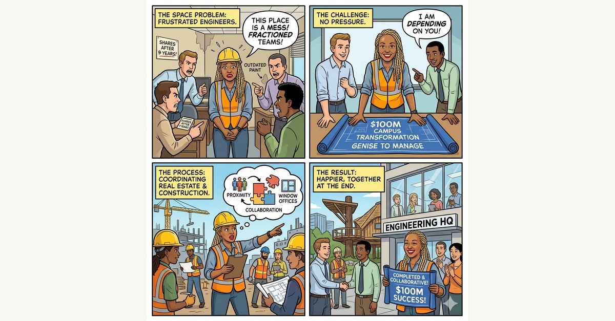 Four-panel comic of a project lead taking a $100M campus transformation from frustrated engineers to a finished, collaborative campus