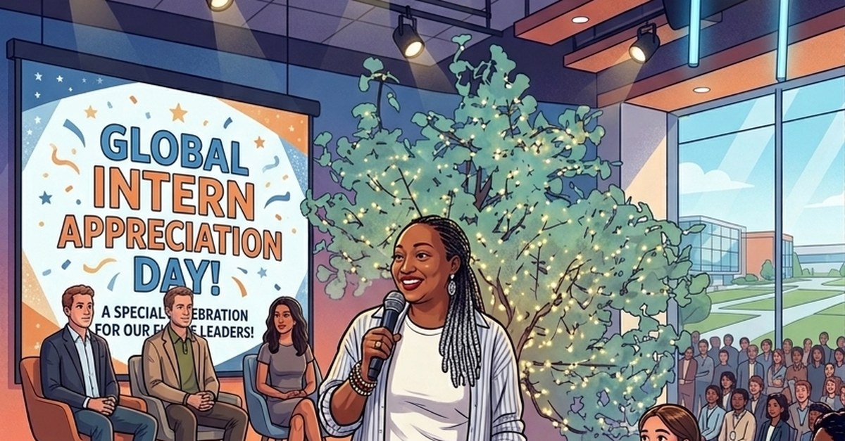 A presenter on stage at a Global Intern Appreciation Day event with interns and senior leaders