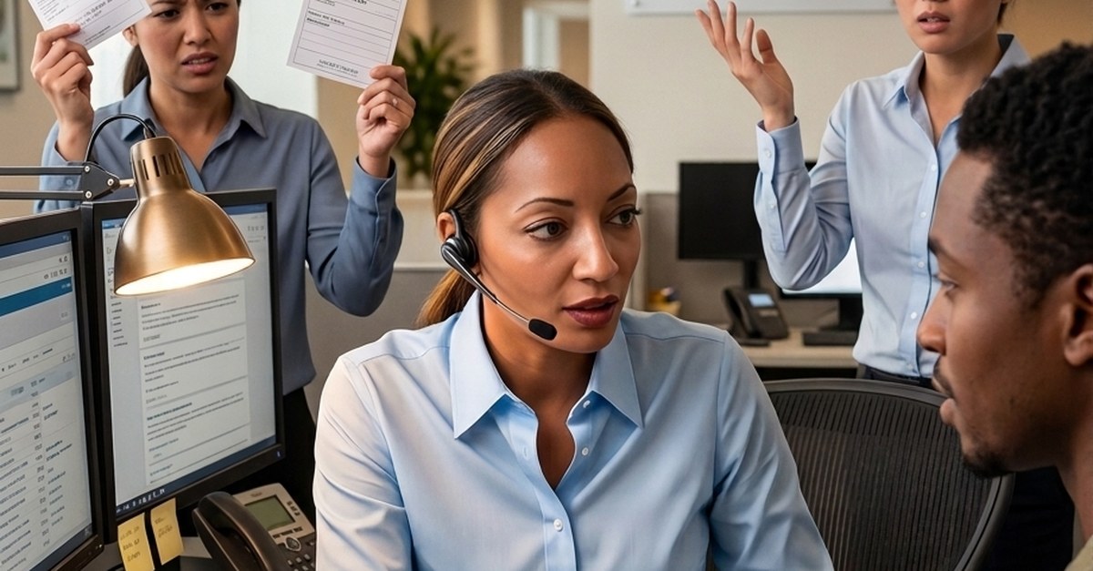 A benefits administrator on a headset helping an employee while coworkers wave support tickets